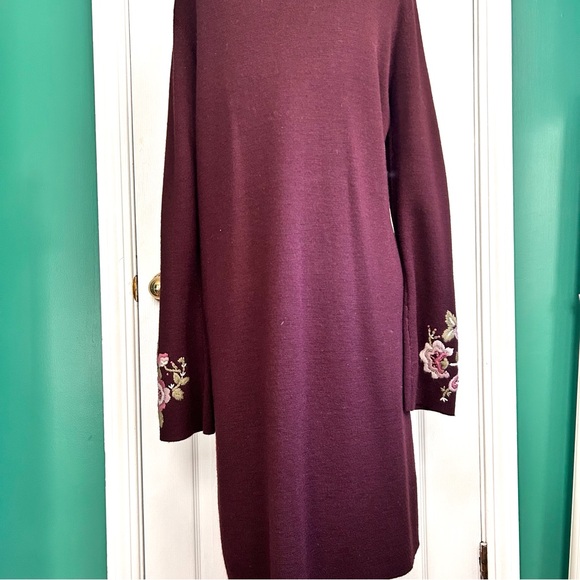 Long Maroon Wool Blend Cardigan with Embroidered Flowers at trim Small - Picture 2 of 11